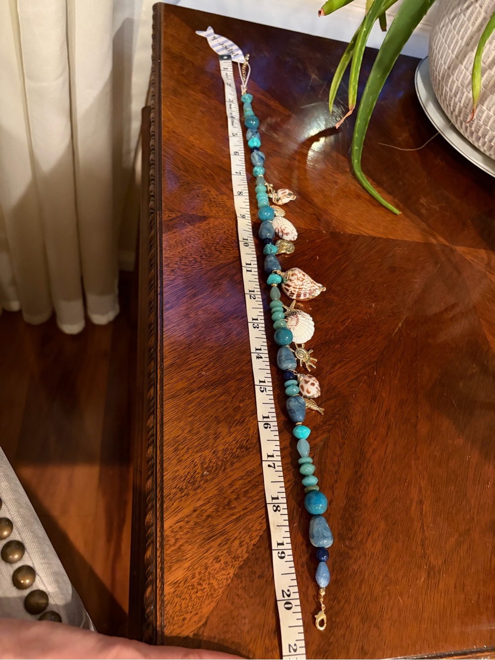 Turquoise Bead Shell Charm Necklace with Gold Accents - Women Jewelry - Picture 5 of 8